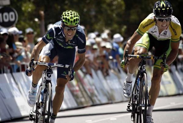 Alejandro Valverde (Movistar) doses his effort to beat Simon Gerrans (GreenEdge).
