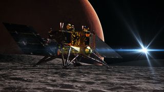 a gold-foil-covered spacecraft on the surface of a rocky moon