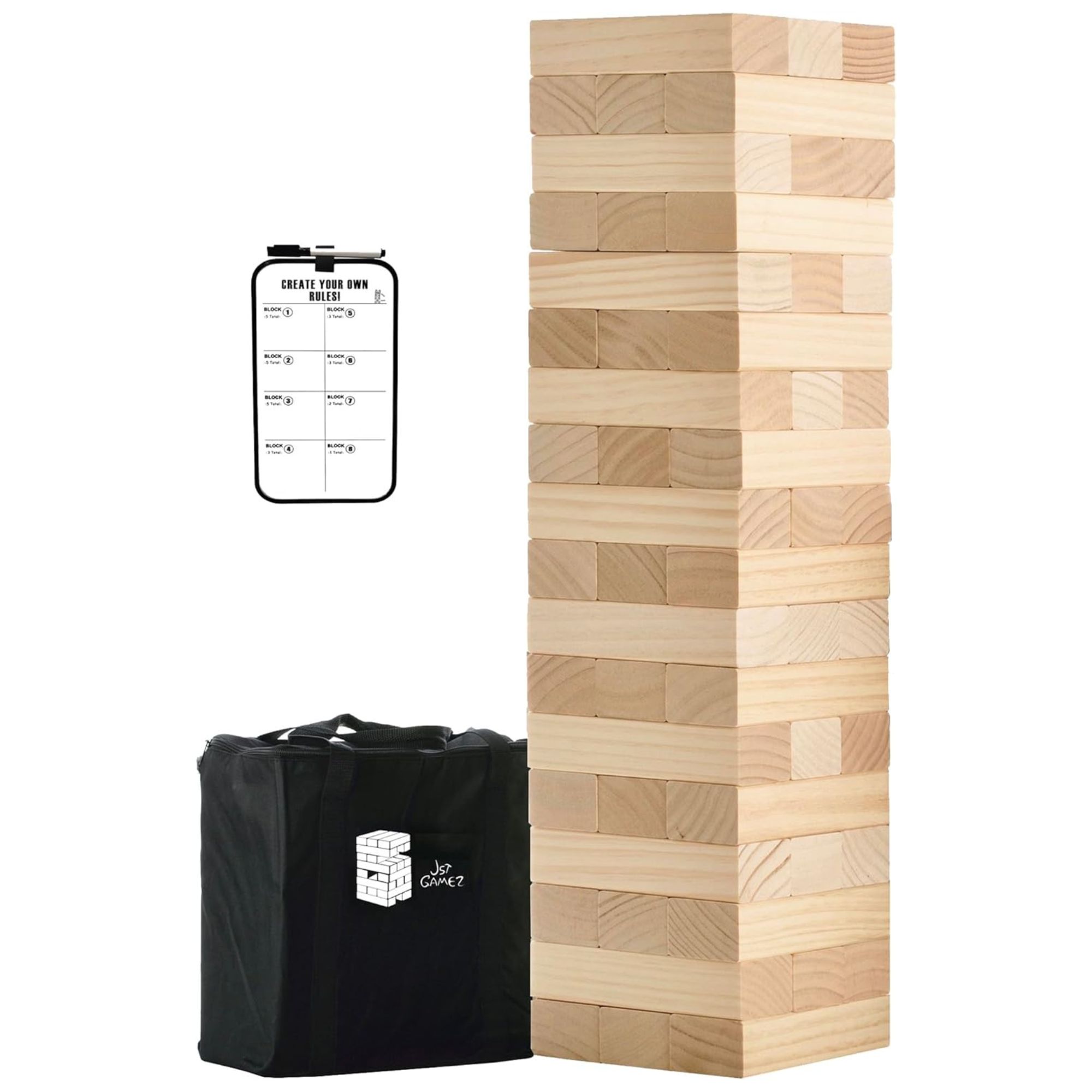 Giant wooden Jenga game with black travel case and mini scoreboard