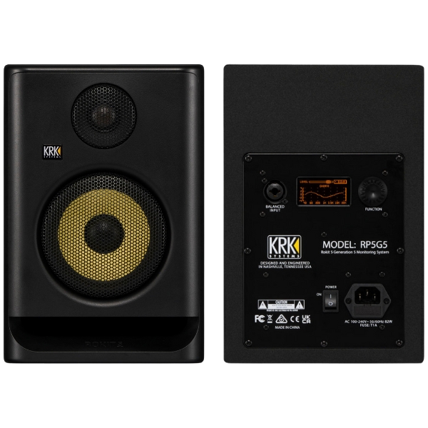 A pair of KRK Rokit RP5 G5 studio monitors