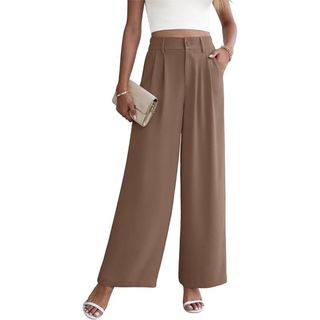 Yommay Women Suit Trousers With Pockets Work Lightweight Elegant Casual High Waisted Wide Leg Pants for Ladies,coffee,l