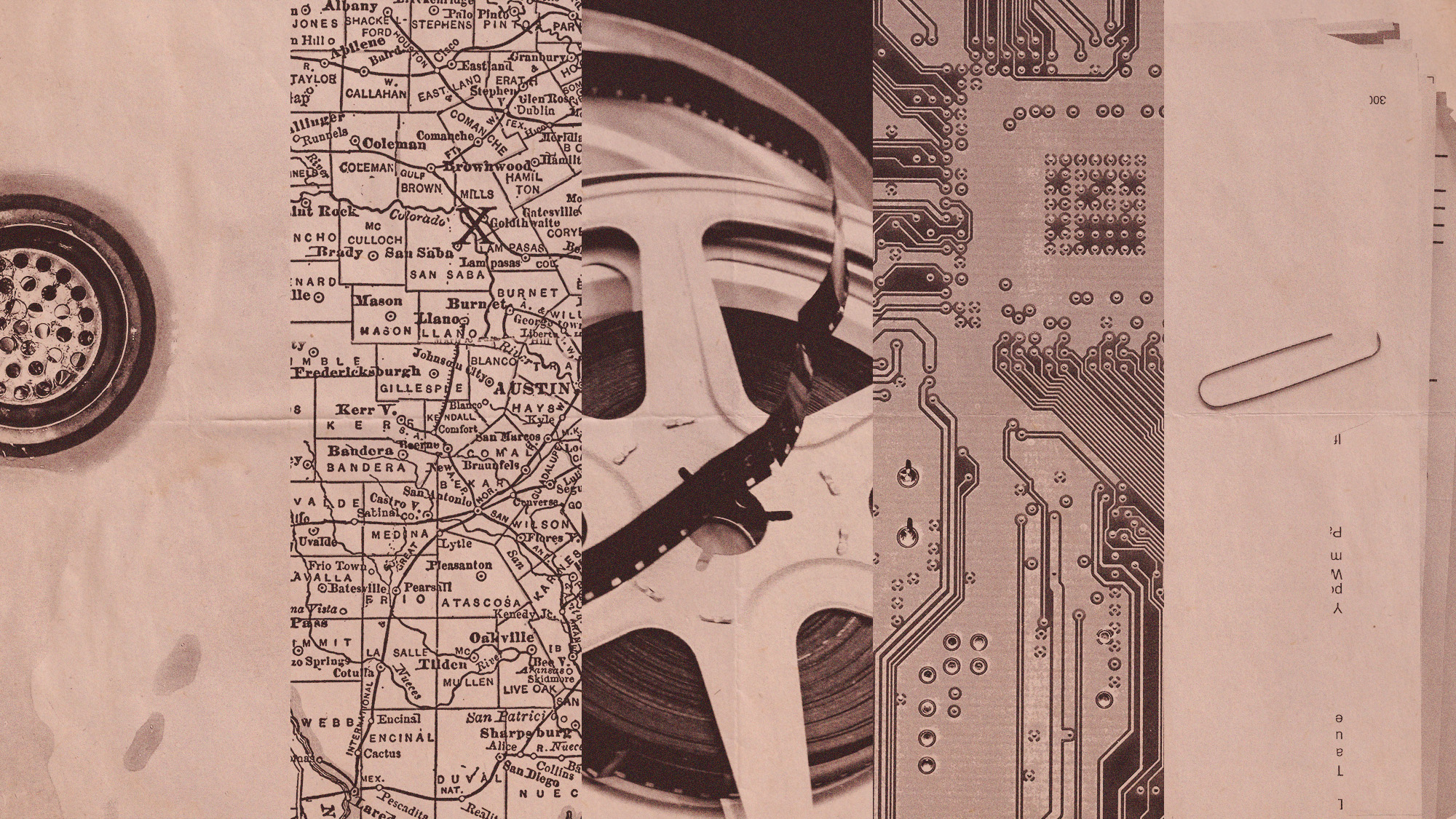 Photo collage of a shower drain, a map of Texas, a film reel, a motherboard and a paper file with a paperclip on
