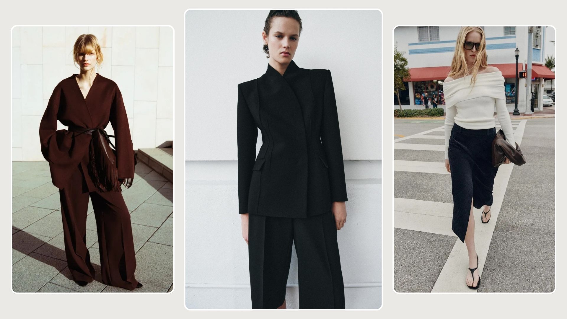 Woman wears burgundy blazer, burgundy tailored trousers; woman wears black wrap blazer and black trousers; woman wears off shoulder white top, black skirt and black heels