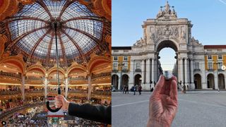 Two optical illusion photographs, one showing a dome that looks like an umbrella and one showing an arch that looks like a lightbulb