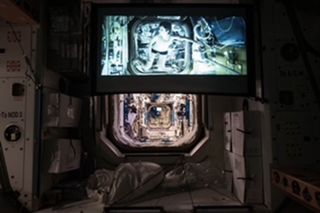This was the first attempt to film Samantha Cristoforetti during a showing of the movie "Gravity" on the International Space Station, in 2015. As you can see, Cristoforetti is missing from the picture.