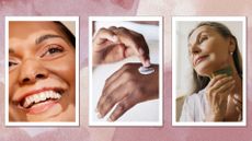 A close up of a woman smiling alongside another close up of a woman applying cream to her hands, before finally, a picture of a woman using a gua sha on her neck/ in a pink and purple watercolour template