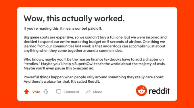 Reddit Superbowl ad