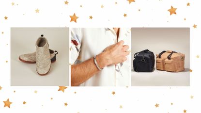 A collage of three men items side-by-side on a white background covered with gold stars, for the best Christmas gifts for dad.
