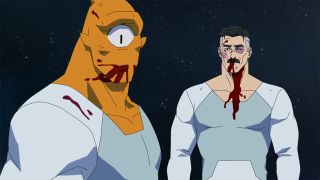 A bloodied Allen and Omni-Man floating in space in Invincible season 3 episode 4