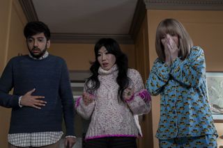 nik dodani vivian bang and lisa kudrow look shocked looking down at the ground in a still from the parenting