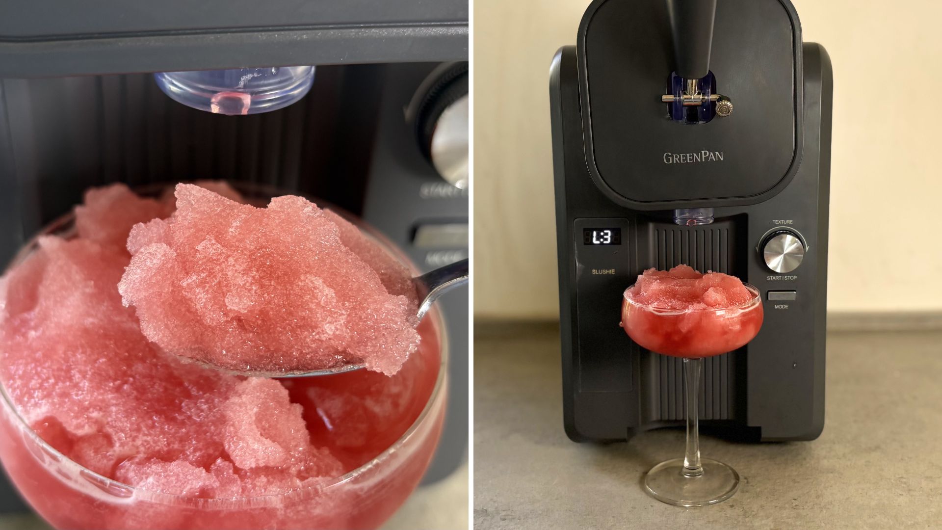 GreenPan Frost Ice Cream Maker and Slushie Machine on the counter having made a raspberry slushie