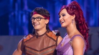 Stephen Nedoroscik and Rylee Arnold dressed as Hercules and Megara listening to judge feedback during Dancing With the Stars&#039; Disney Night.