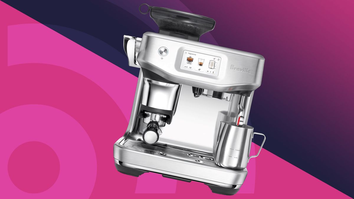 Breville the Barista Touch Impress coffee machine on pink background