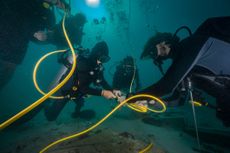 Scuba divers install undersea cables for research purposes