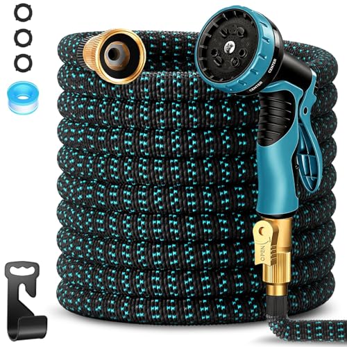 100 Ft Expandable Garden Hose, Lightweight Expanding Water Hose With 10 Function Nozzle, 3/4" Solid Brass Fittings, 5-Layer Latex Core, No-Kink Flexible Retractable Hose for Patio, Rv, Car Washing