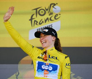 THE HAGUE NETHERLANDS AUGUST 12 Charlotte Kool of The Netherlands and Team dsmfirmenich PostNL celebrates at podium as Yellow leader jersey winner during the 3rd Tour de France Femmes 2024 Stage 1 a 123km stage from Rotterdam to The Hague UCIWWT on August 12 2024 in The Hague Netherlands Photo by Dario BelingheriGetty Images