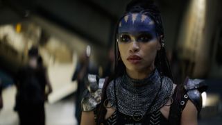 Cleopatra Coleman in costume as Devra Bloodaxe in Rebel Moon - Part One: A Child of Fire.