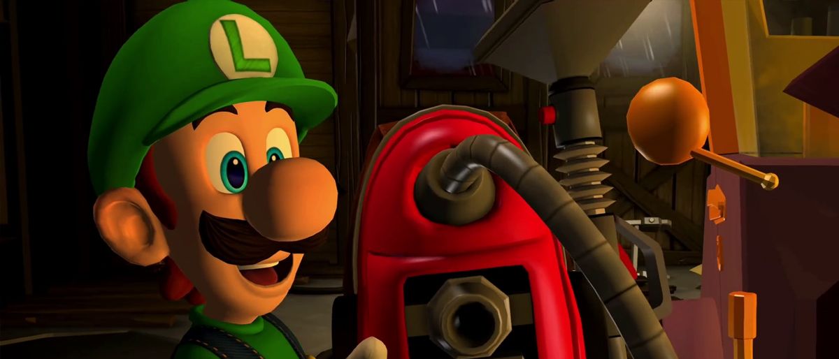 Luigi holding the Poltergust 5000 in Luigi&#039;s Mansion 2 HD.