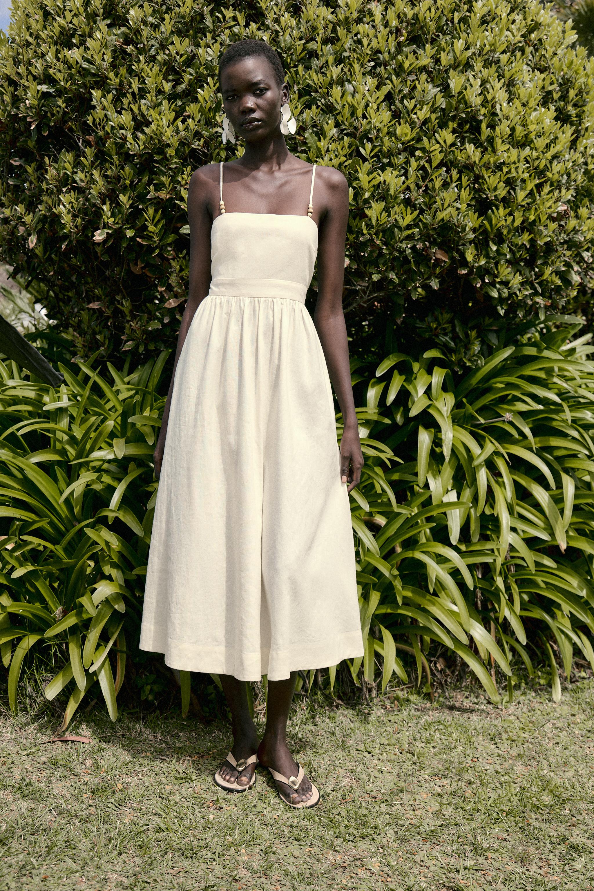Linen Beaded Strap Midi Dress