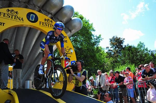 Karsten Kroon (Saxo Bank-Tinkoff Bank) rolls out of the start house to begin the prologue time trial at the 2012 Tour de France.