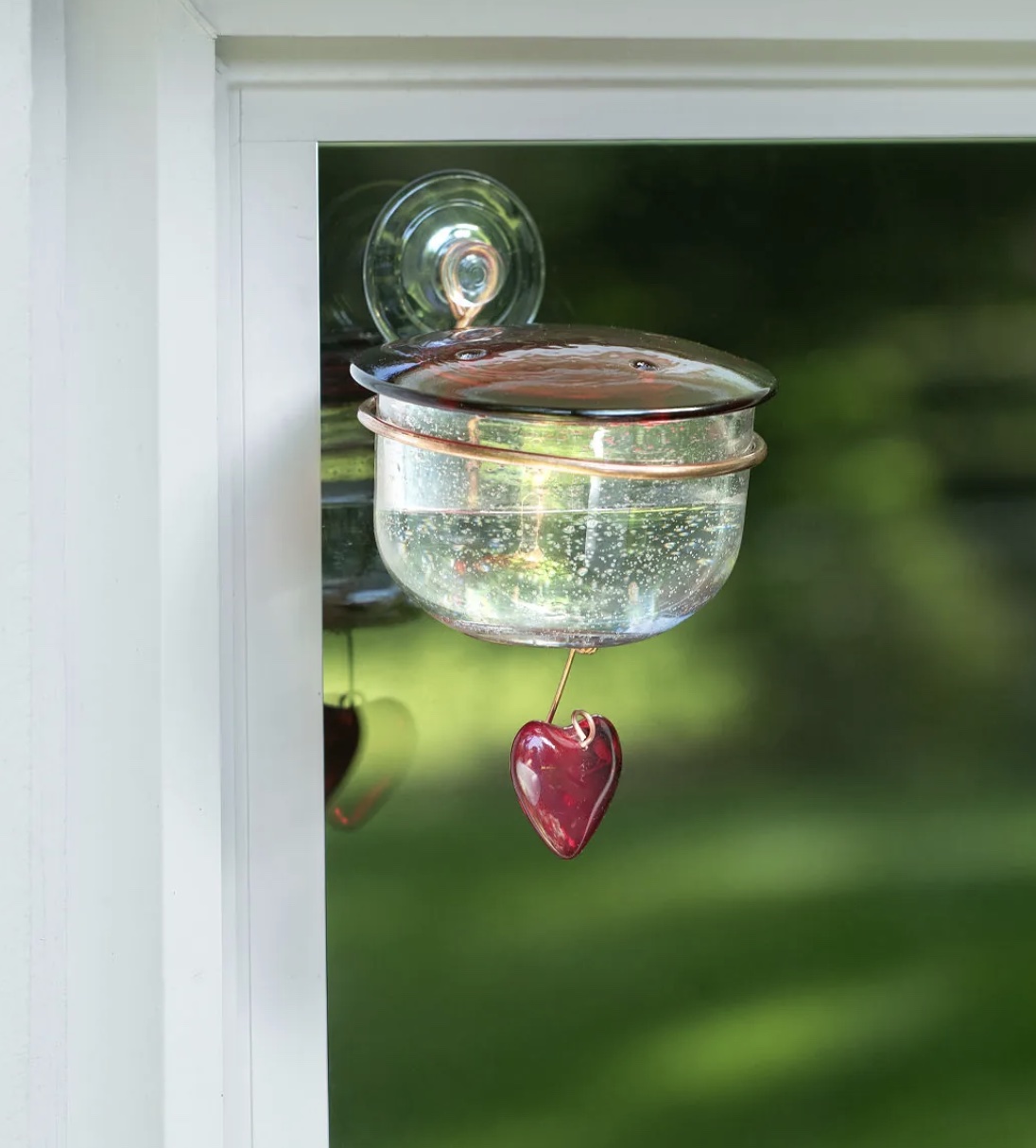 Uncommon Goods Charmed Hummingbird Window Feeder attached to window