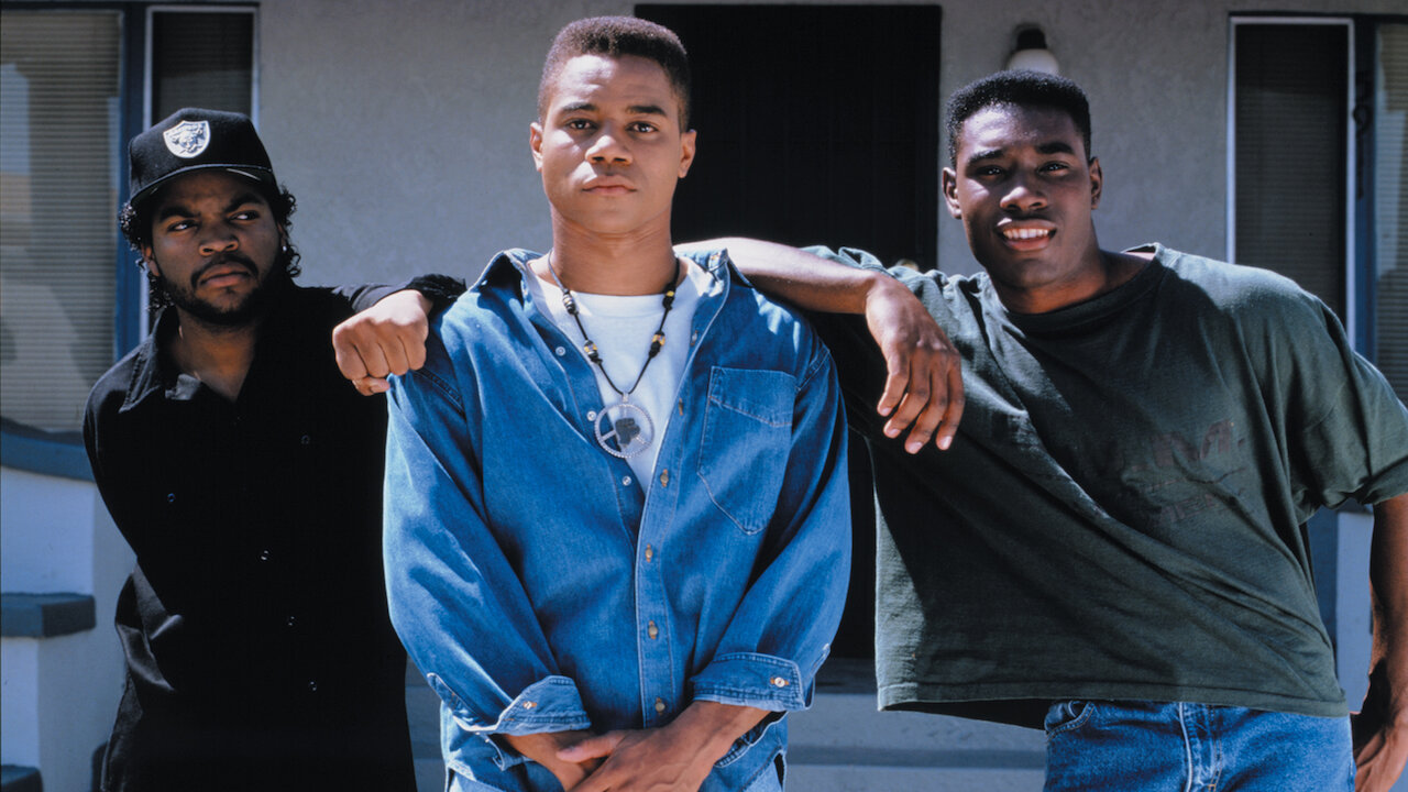 Ice Cube, Cuba Gooding Jr and Morris Chestnut posing in Boyz n the Hood press photo