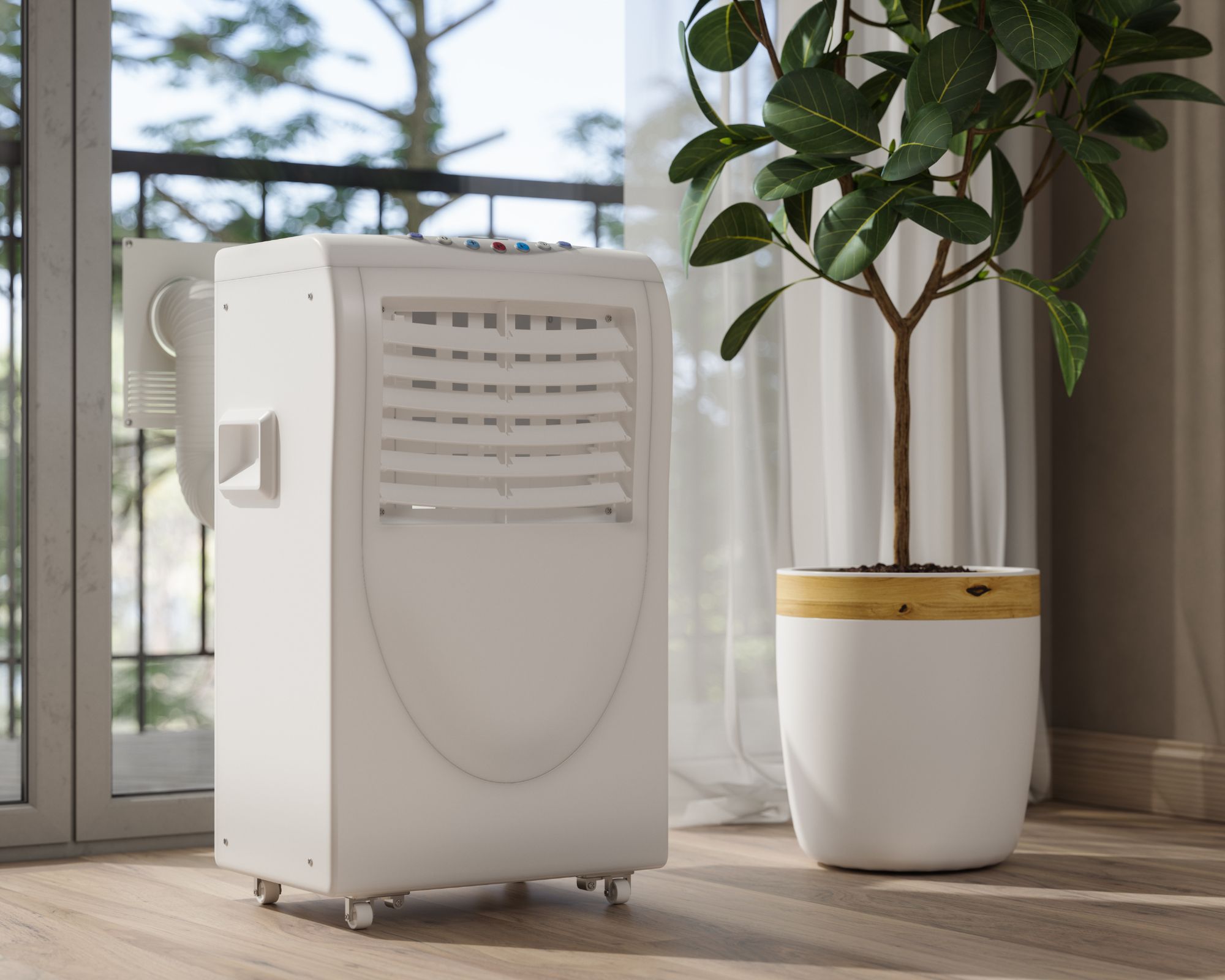 A white portable air conditioning unit with white exhaust hose beside a white plant pot on light wood flooring. Behind are large windows to a balcony.
