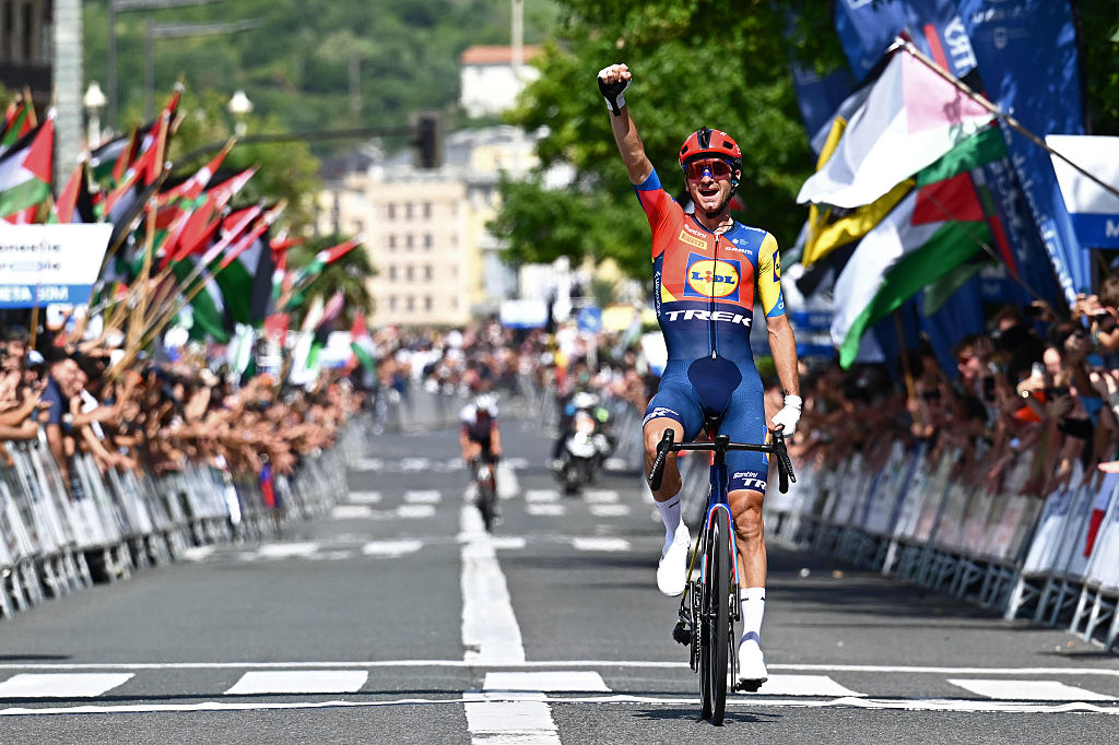 Lidl-Trek&#039;s Giulio Ciccone celebrates victory in San Sebastián 