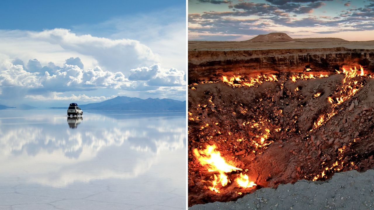 L- The salt mines of Bolivia, R- the &#039;Gates of Hell&#039; in Turkmenistan 