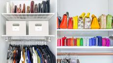 Two images of a perfectly organised wardrobe with colorful bags and clothing neatly ordered 