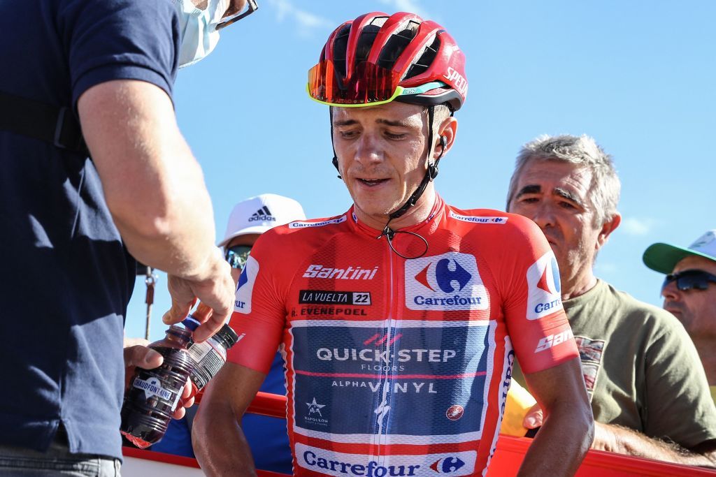 Belgian Remco Evenepoel of QuickStep Alpha Vinyl is exhausted after stage 15 of the 2022 edition of the Vuelta a Espana Tour of Spain cycling race from Martos to Sierra Nevada 153 km Spain Sunday 04 September 2022 BELGA PHOTO DAVID PINTENS Photo by DAVID PINTENS BELGA MAG Belga via AFP Photo by DAVID PINTENSBELGA MAGAFP via Getty Images