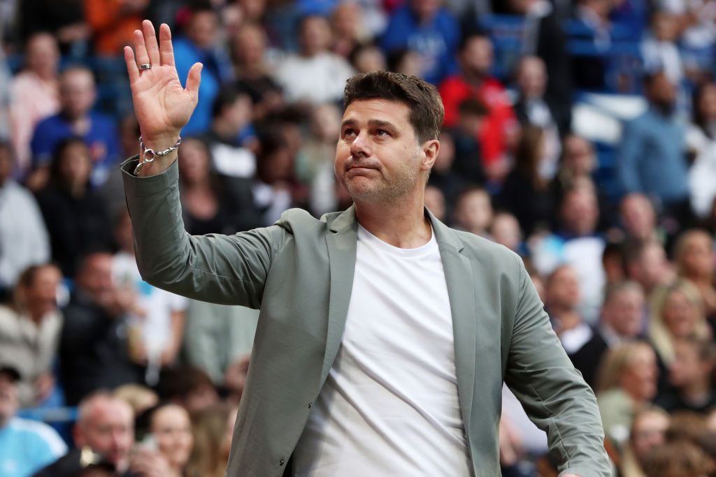 LONDON, ENGLAND - JUNE 09: Mauricio Pochettino, Manager of World XI acknowledges the fans prior to Soccer Aid for UNICEF 2024 at Stamford Bridge on June 09, 2024 in London, England. (Photo by Henry Browne/Getty Images)