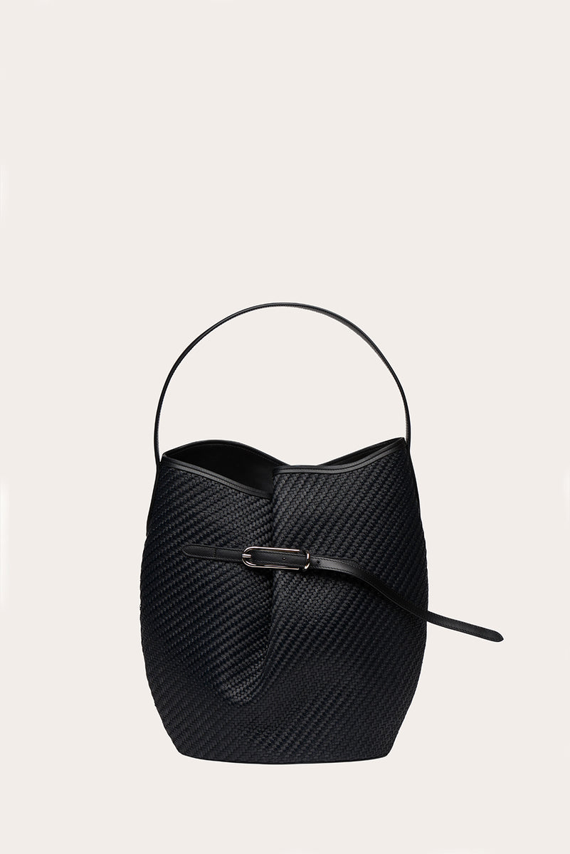 Belted Bucket Bag Large Black Raffia