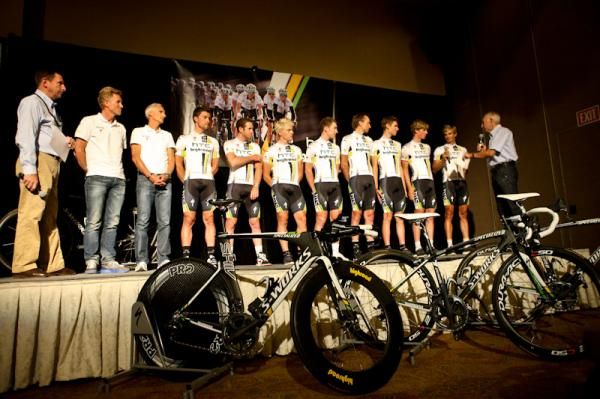 Phil Liggett introduces and interviews riders along with commentary partner, Paul Sherwen.