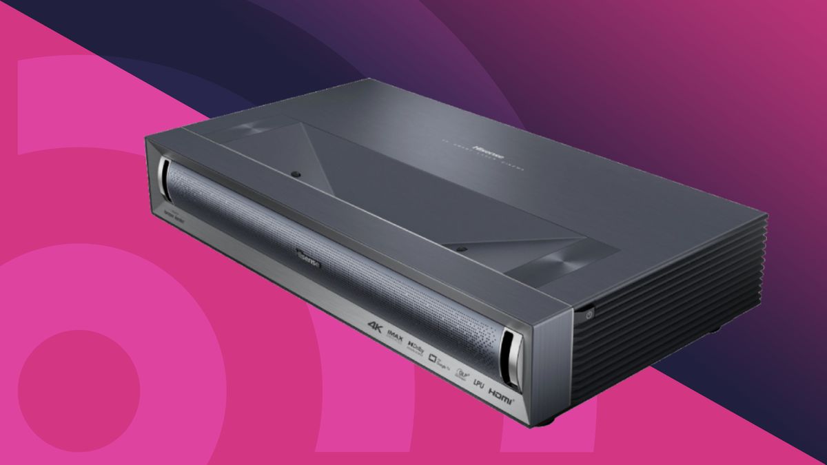 Best ultra short throw projector 2025 header image with Hisense PX3-Pro on pink background 