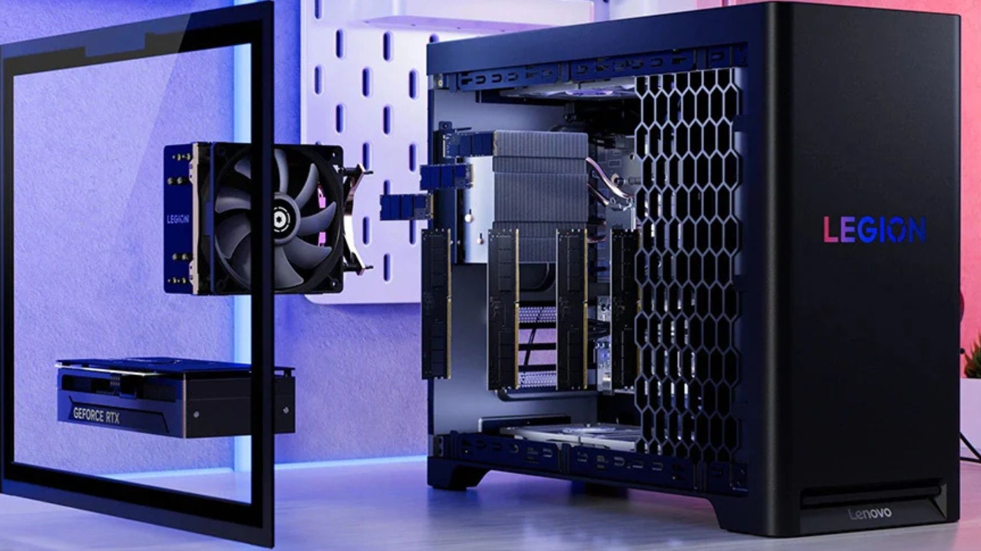 A Lenovo Legion Tower 5i marketing image of a PC being pulled out into its parts on a desk