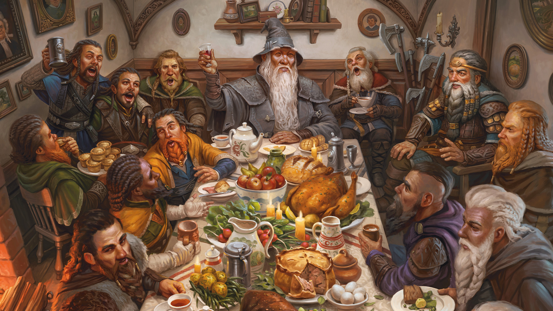 Gandalf and the 13 dwarves around Bilbo's kitchen table