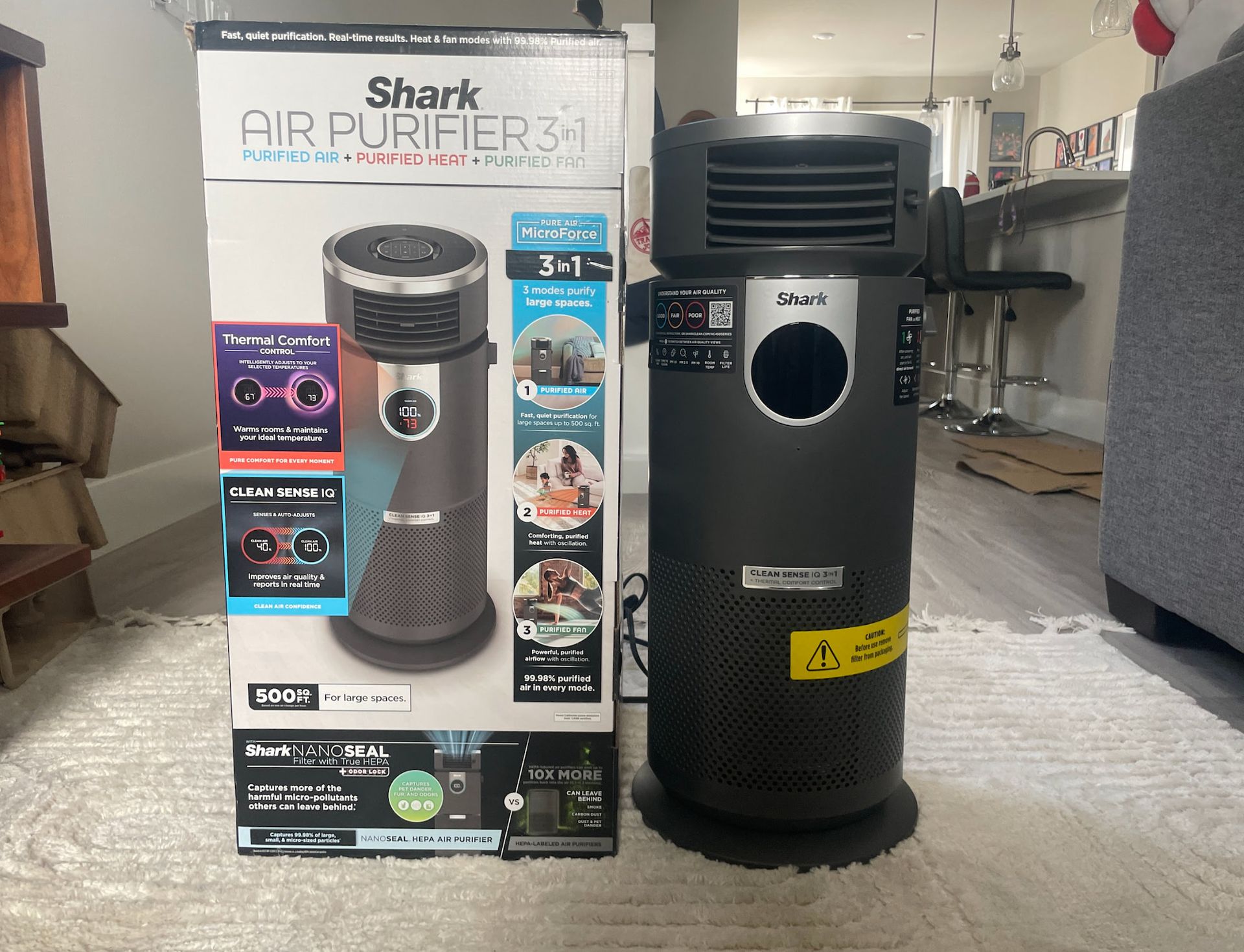The Shark Air Purifier 3-in-1 next to its box during testing at Allenah's home.