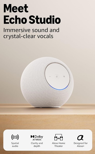 The new 2025 Echo Studio adopts a round design with a knit-fabric exterior to empower its deeper bass and rich sounds.