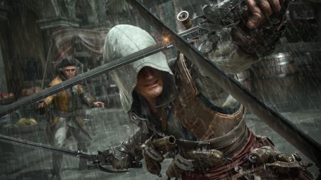 A screenshot from Assassin's Creed Black Flag Resynced showing Edward Kenway in combat with dual swords