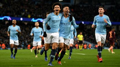 Manchester City’s Leroy Sane celebrates his first goal against Hoffenheim