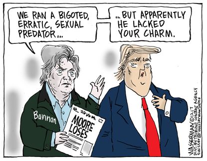 Political cartoon U.S. Roy Moore election loss Trump Bannon sexual assault