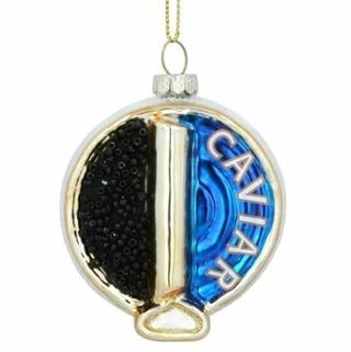 Glass Tin of Caviar Christmas Bauble, Blue & Gold Hanging Fun Kitsch Xmas Decor, Fun Christmas Decoration, Novelty Food Lovers Bauble Ornament, Glass Vintage Christmas Tree Xmas Gift