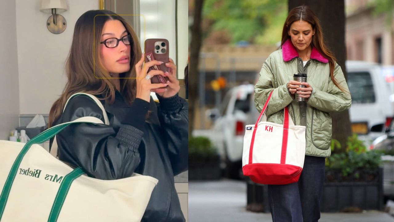 A collage of Hailey Bieber and Katie Holmes carrying custom tote bags