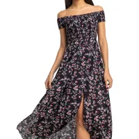 2. Black Shirred Floral Print Bardot Dress