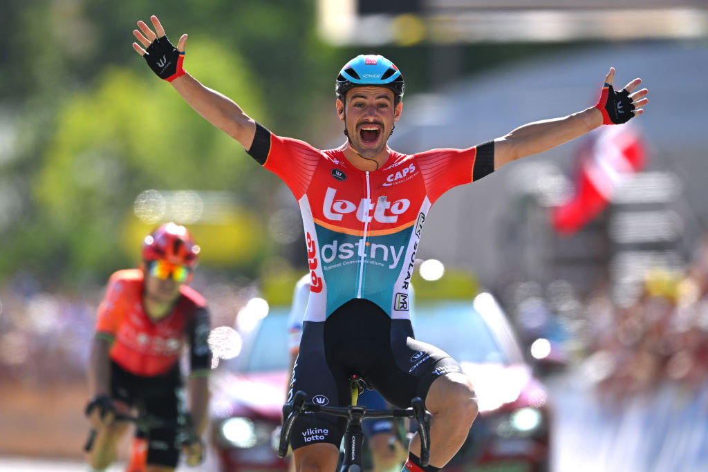 BARCELONNETTE FRANCE JULY 18 Victor Campenaerts of Belgium and Team Lotto Dstny celebrates at finish line as stage winner during the 111th Tour de France 2024 Stage 18 a 1795km stage from Gap to Barcelonnette 1134m UCIWT on July 18 2024 in Barcelonnette France Photo by Tim de WaeleGetty Images