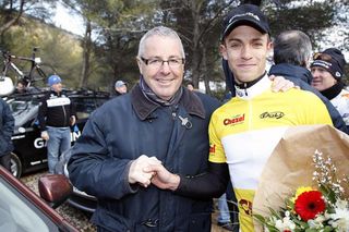 Tour Méditerranéen winner Jon Tiernan-Locke (Endura Racing) is congratulated by Stephen Roche.