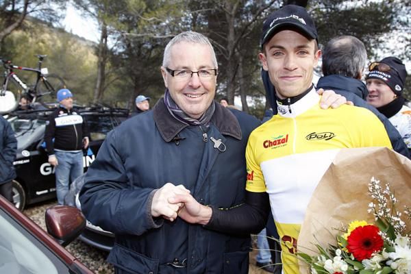 Tour M&eacute;diterran&eacute;en winner Jon Tiernan-Locke (Endura Racing) is congratulated by Stephen Roche.