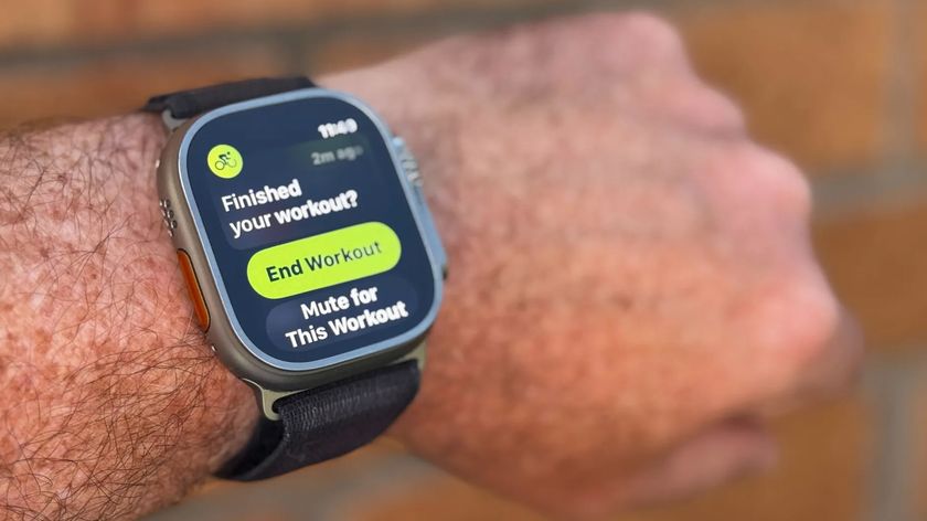 The Apple Ultra 2 on testers wrist, showing cycling workout screen details.