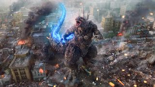 Godzilla stands among wrecked buildings and rubble after leveling a portion of Tokyo's Ginza district in Godzilla Minus One